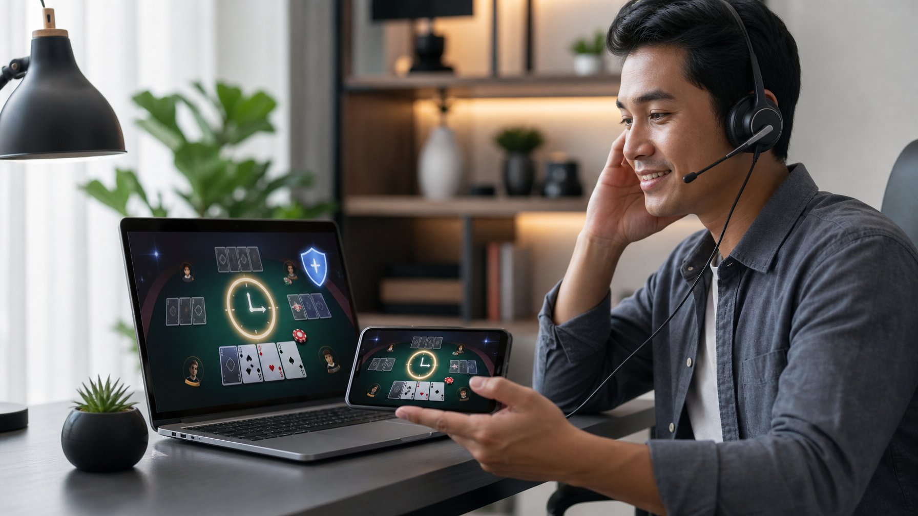 Seseorang melihat permainan kartu digital di laptop dan ponsel dalam ruang kerja modern.