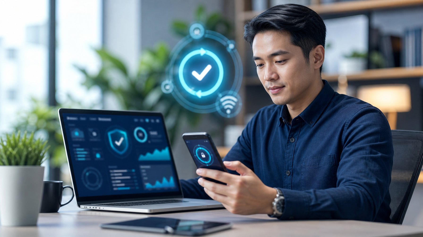 Seorang profesional memeriksa platform permainan daring melalui laptop dan ponsel di ruang kerja modern.