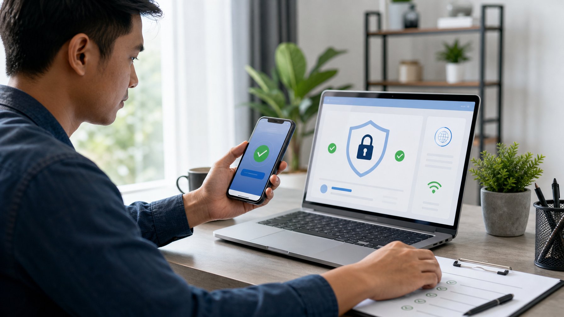 Seseorang memeriksa platform permainan daring dan pembayaran digital menggunakan ponsel serta laptop di ruang kerja modern.