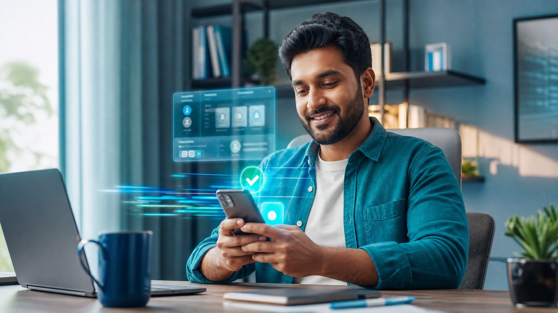 Pengguna menggunakan ponsel untuk mengakses layanan permainan dan transaksi digital yang cepat.