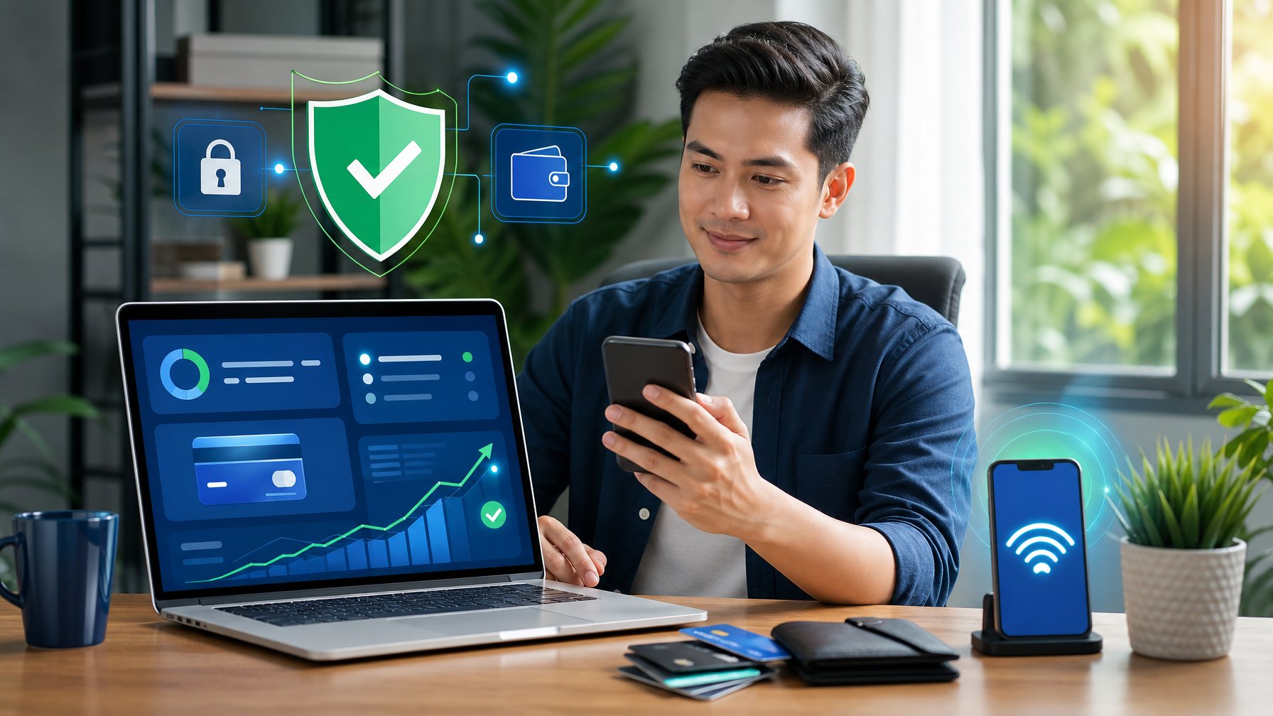 Pengguna memeriksa dasbor pembayaran digital dengan simbol verifikasi dan keamanan di laptop serta ponsel.