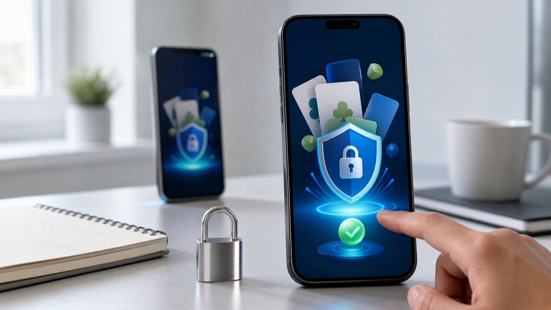 Dua ponsel pintar di meja modern dengan simbol perisai dan gembok yang menggambarkan keamanan platform Ceme.