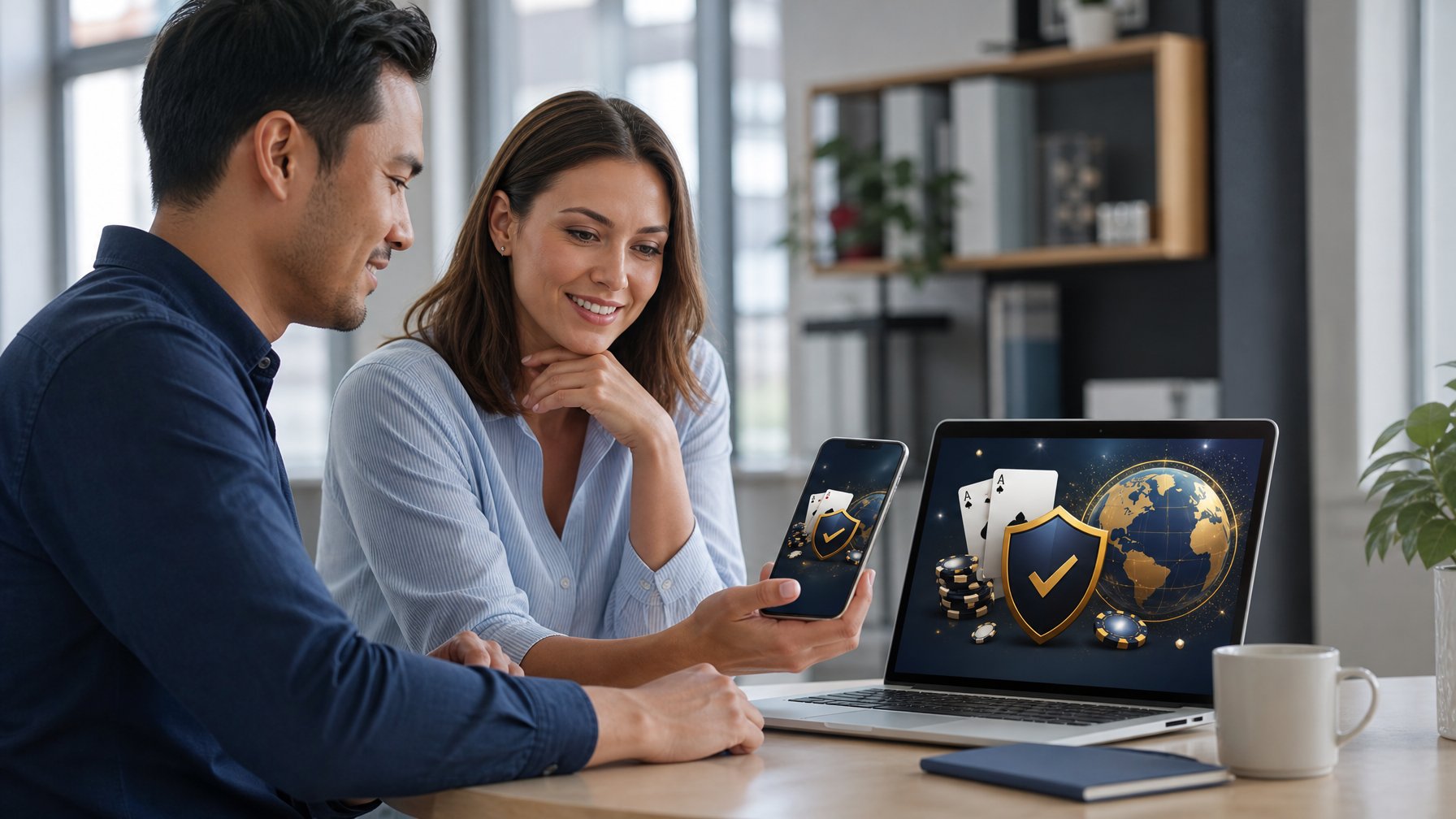 Orang dewasa memeriksa platform permainan daring pada laptop dan ponsel di ruang kerja modern dengan simbol keamanan dan globe.