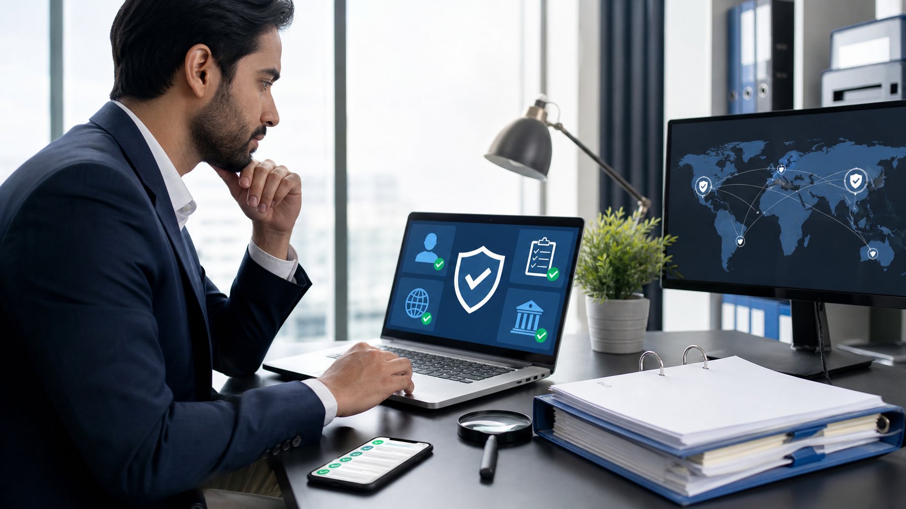 Seorang petugas kepatuhan memeriksa dokumen legalitas dan keamanan situs taruhan online di ruang kerja modern.