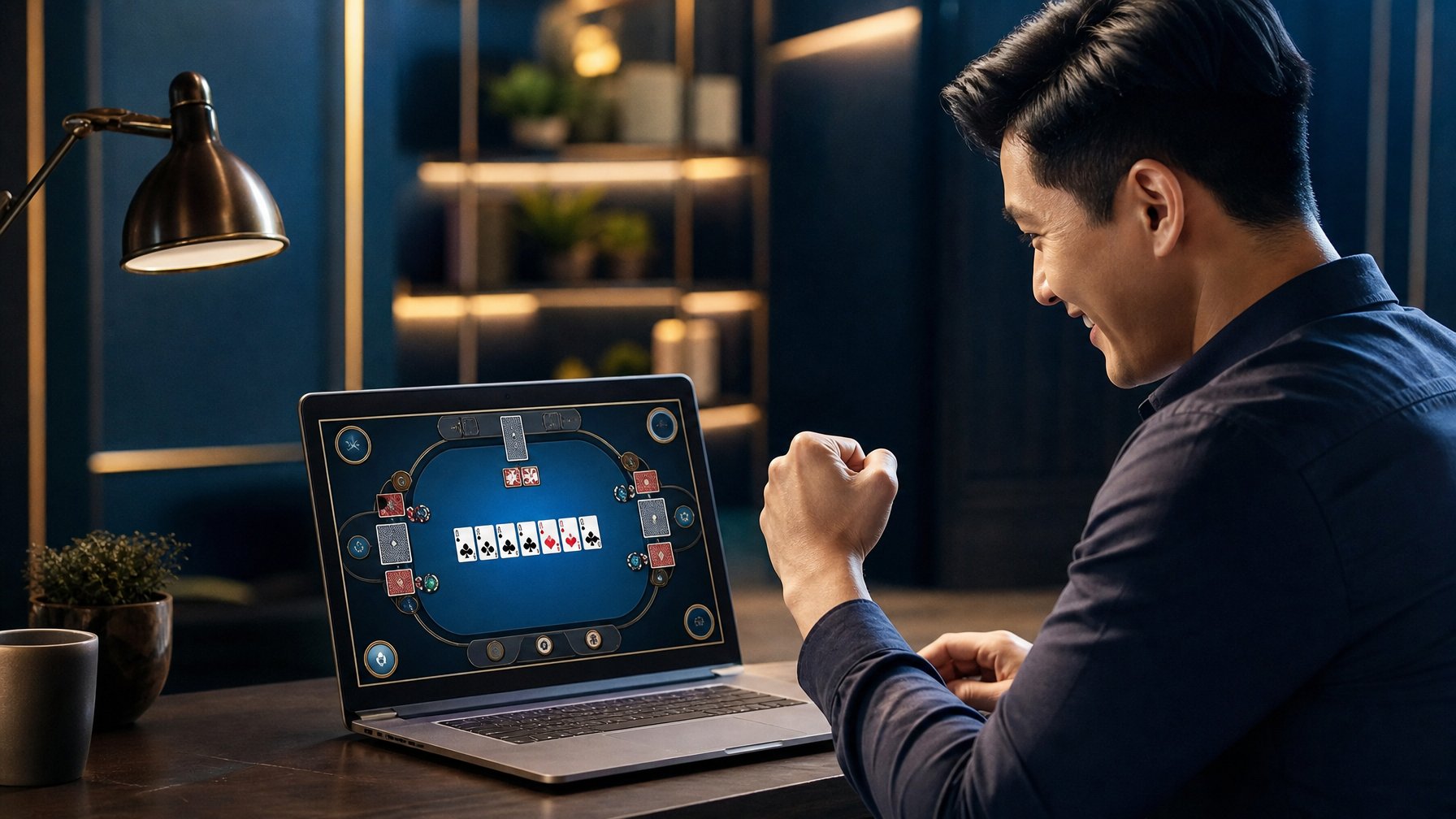 Seorang pemain dewasa melihat permainan kartu digital di laptop dalam ruangan dengan pencahayaan hangat.