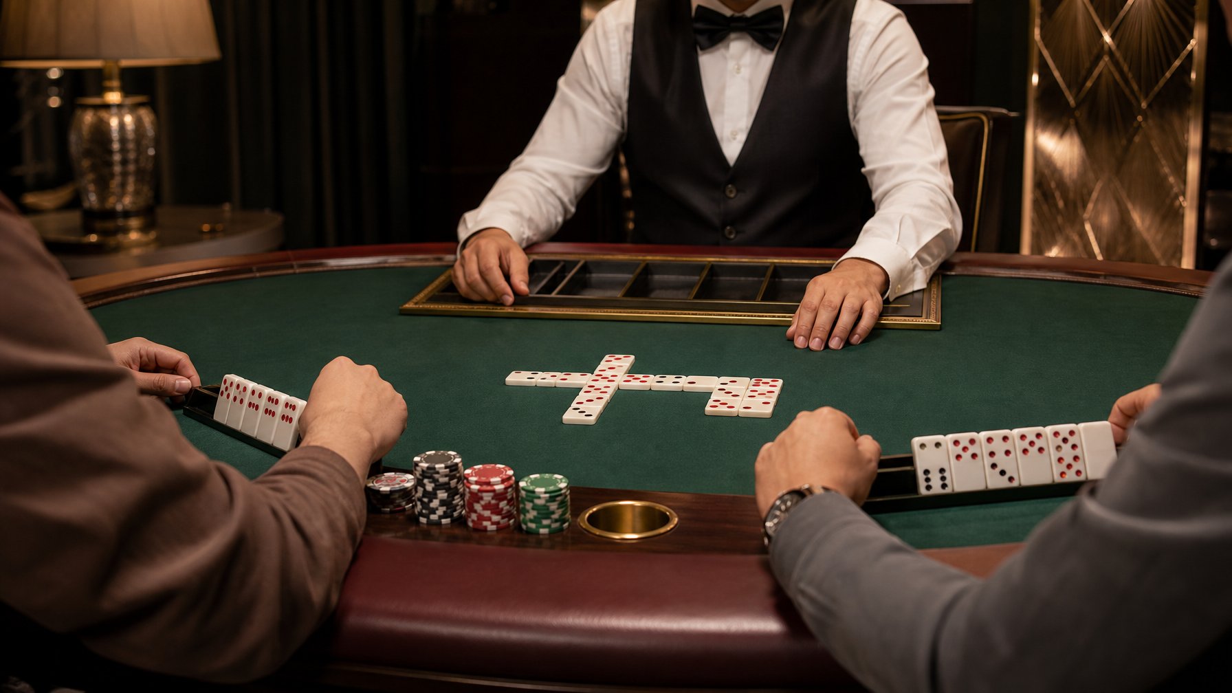 Suasana permainan kartu domino online dengan bandar dan pemain di meja permainan elegan.