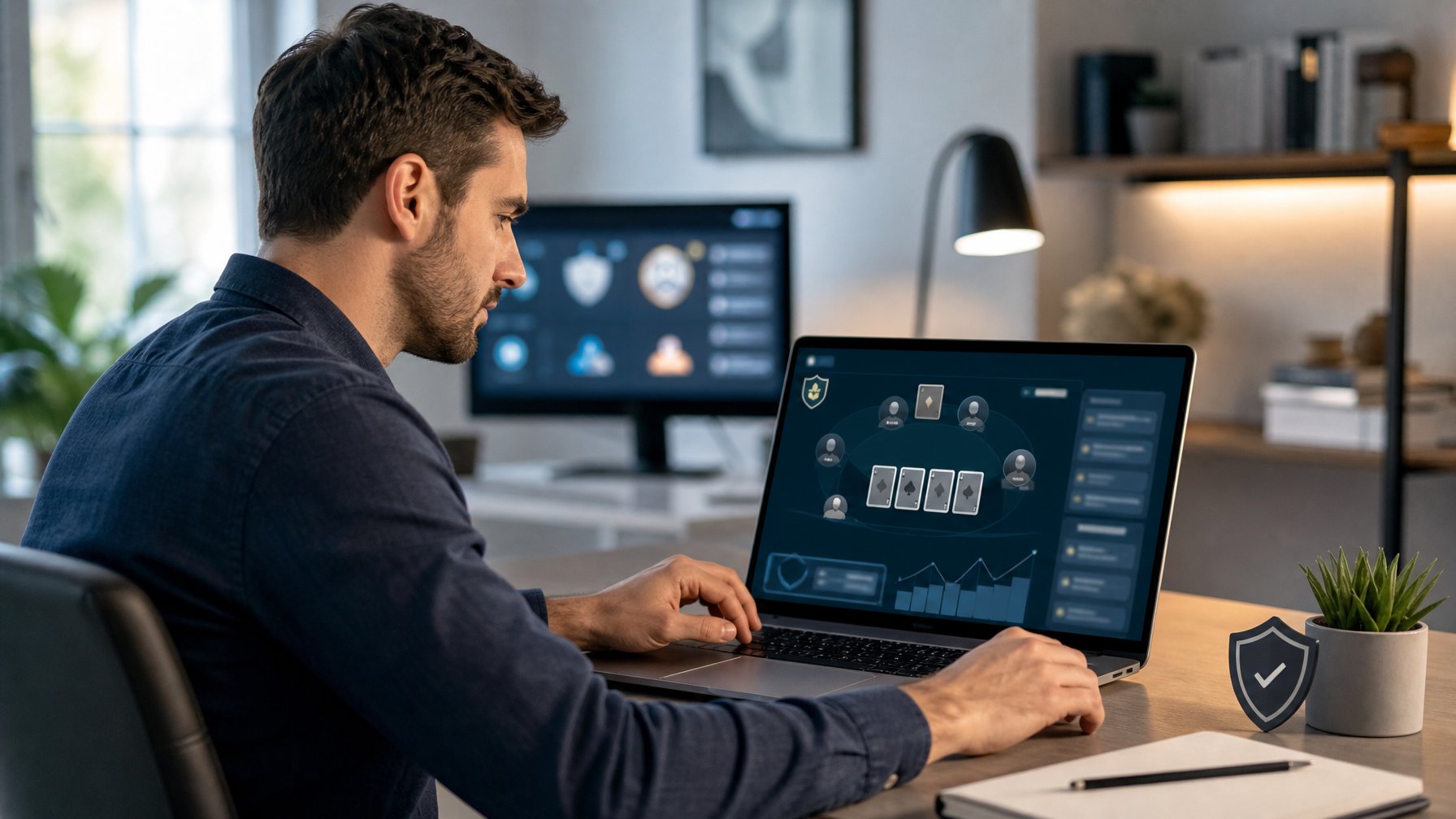 Seorang pemain dewasa meninjau platform permainan kartu daring di laptop dalam ruang kerja modern.