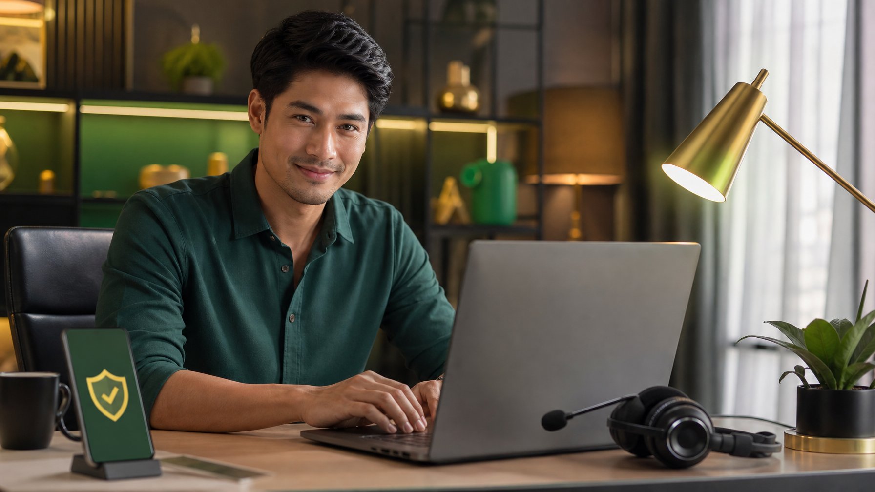Orang dewasa menggunakan laptop di meja kerja modern dengan suasana aman dan nyaman.