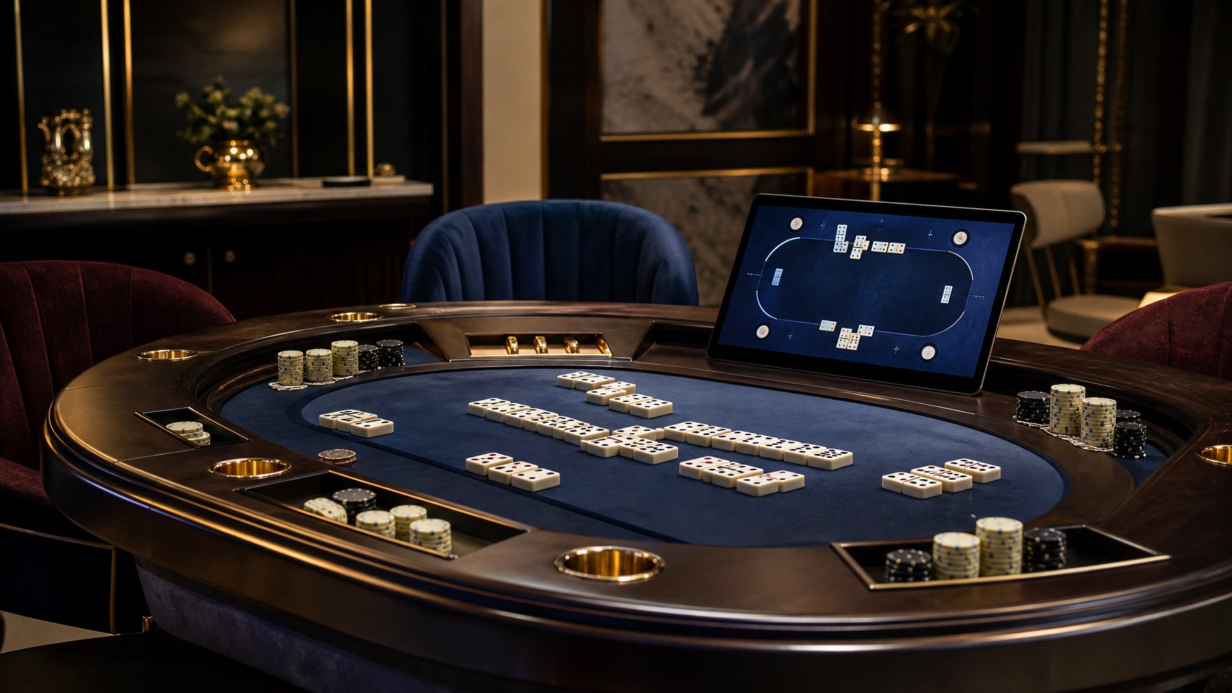 Meja permainan VIP dengan kartu domino, chip, dan perangkat digital di ruang lounge elegan.