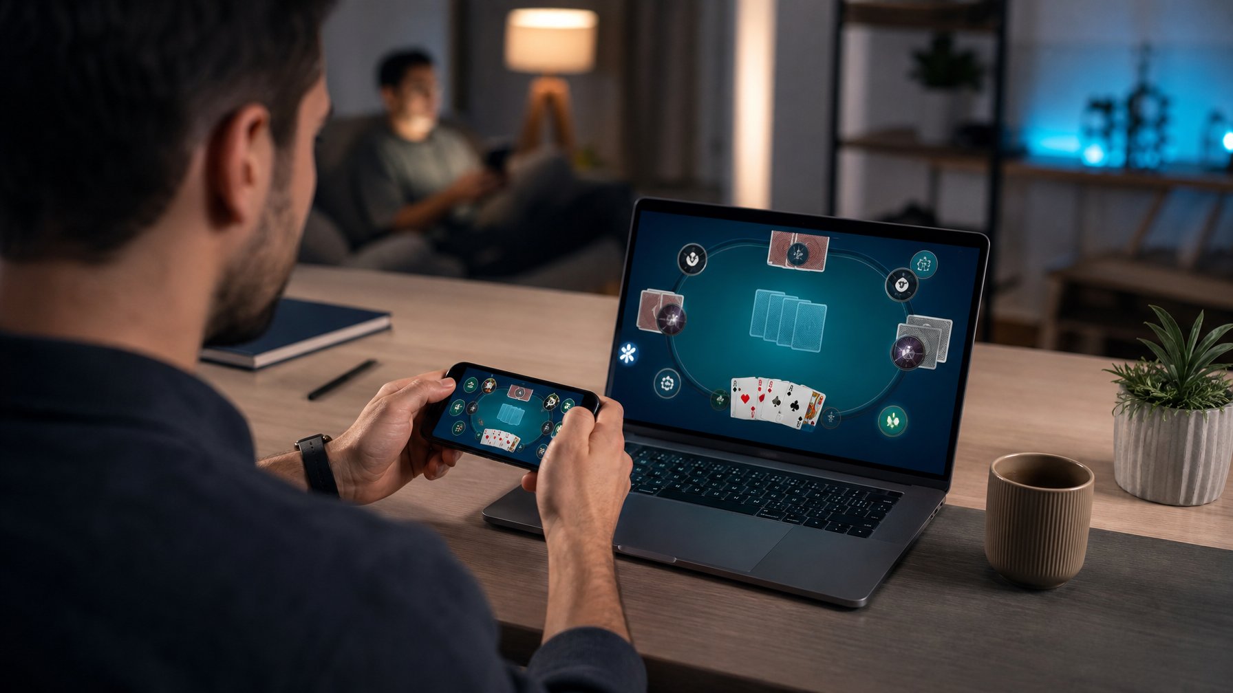 Seseorang memainkan permainan kartu digital di laptop dan ponsel dengan kartu serta token di meja.