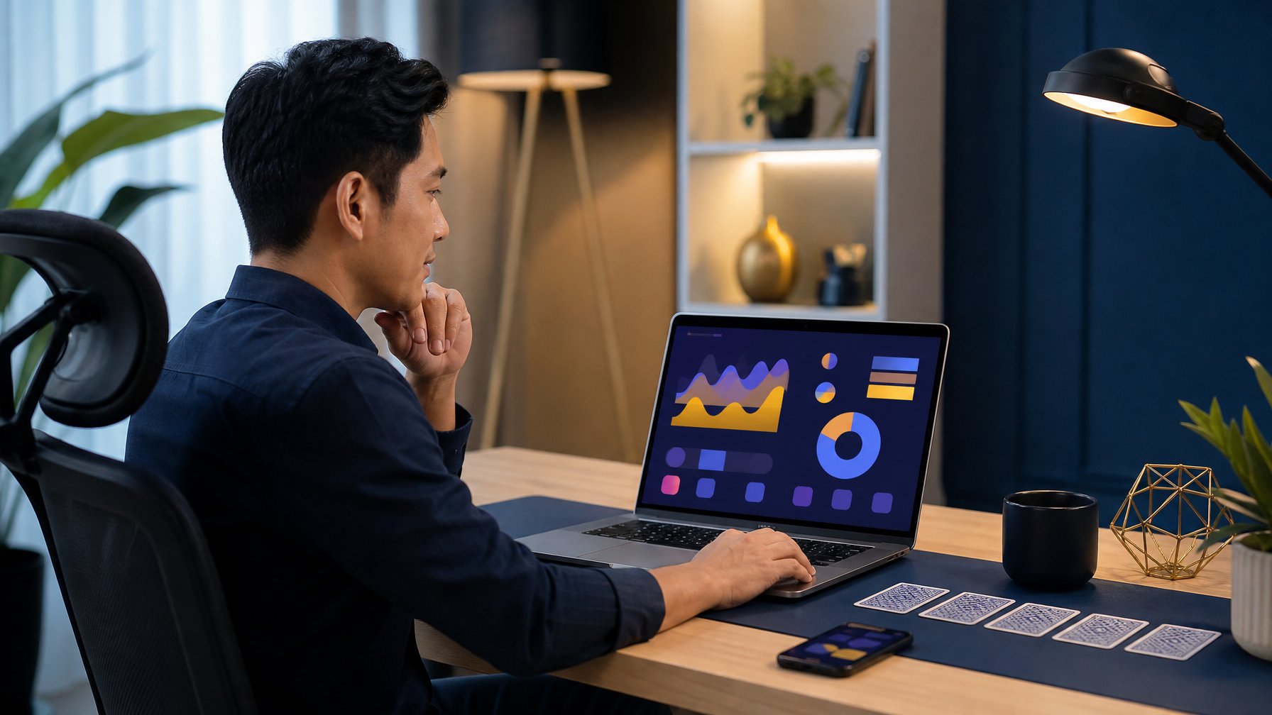 Orang dewasa menggunakan laptop di ruang kerja modern dengan suasana digital yang profesional.