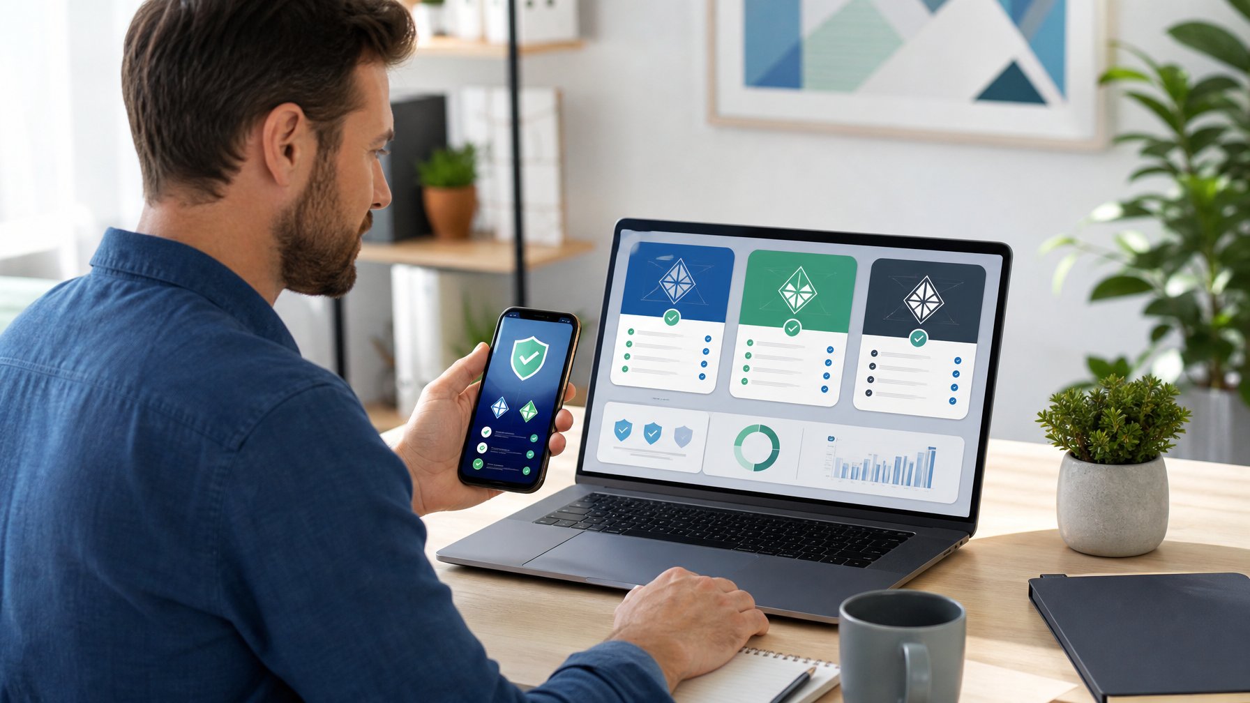 Seseorang membandingkan beberapa platform digital pada laptop dan ponsel di meja kerja.