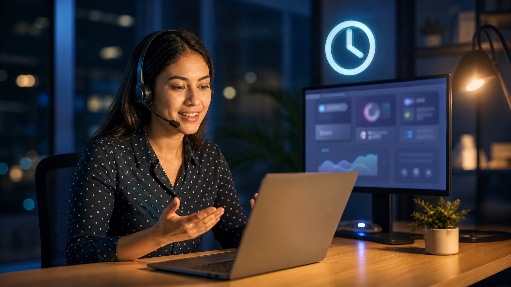 Petugas layanan pelanggan memakai headset membantu pengguna melalui laptop di ruang kerja modern pada malam hari.