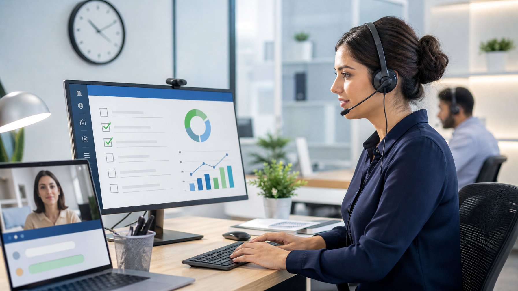 Petugas layanan pelanggan memakai headset membantu pengguna melalui komputer di kantor modern dengan indikator evaluasi layanan dan simbol ketersediaan sepanjang waktu.
