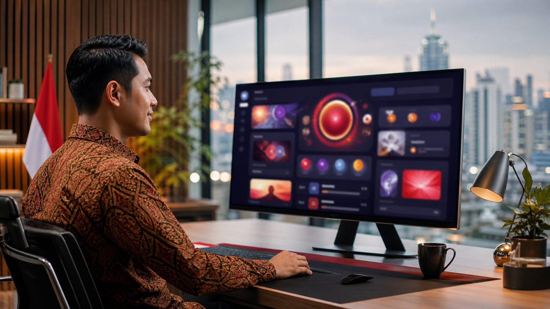 Profesional Indonesia melihat antarmuka hiburan digital abstrak di ruang kerja modern.