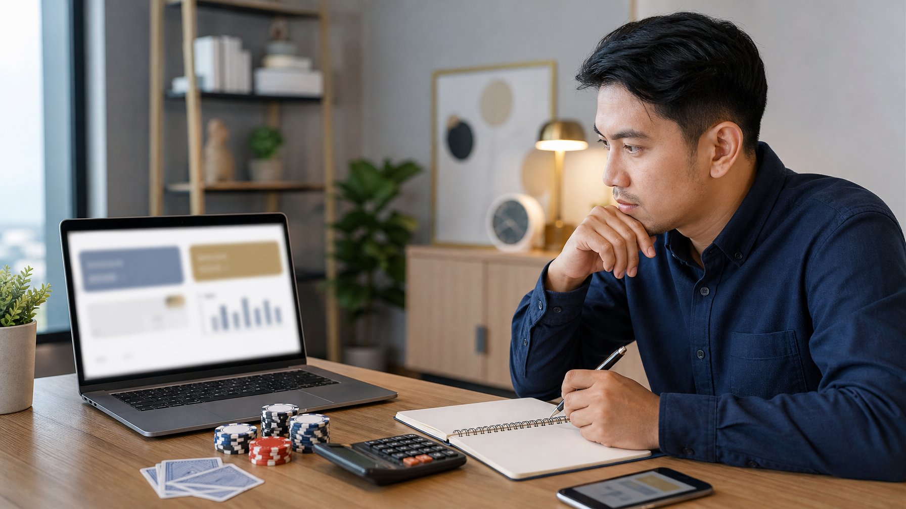 Seorang profesional mempelajari perangkat digital, kartu, dan chip di meja kerja modern.