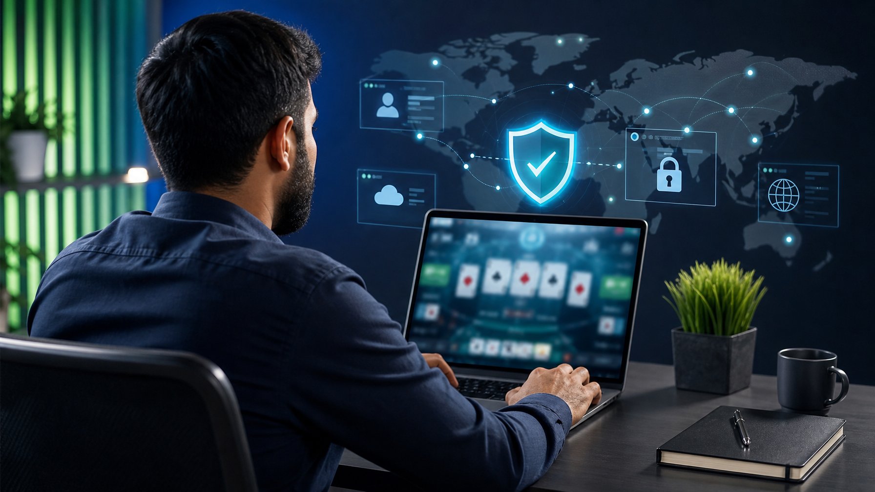 Seseorang menggunakan laptop dengan tampilan abstrak permainan kartu dan simbol keamanan digital.
