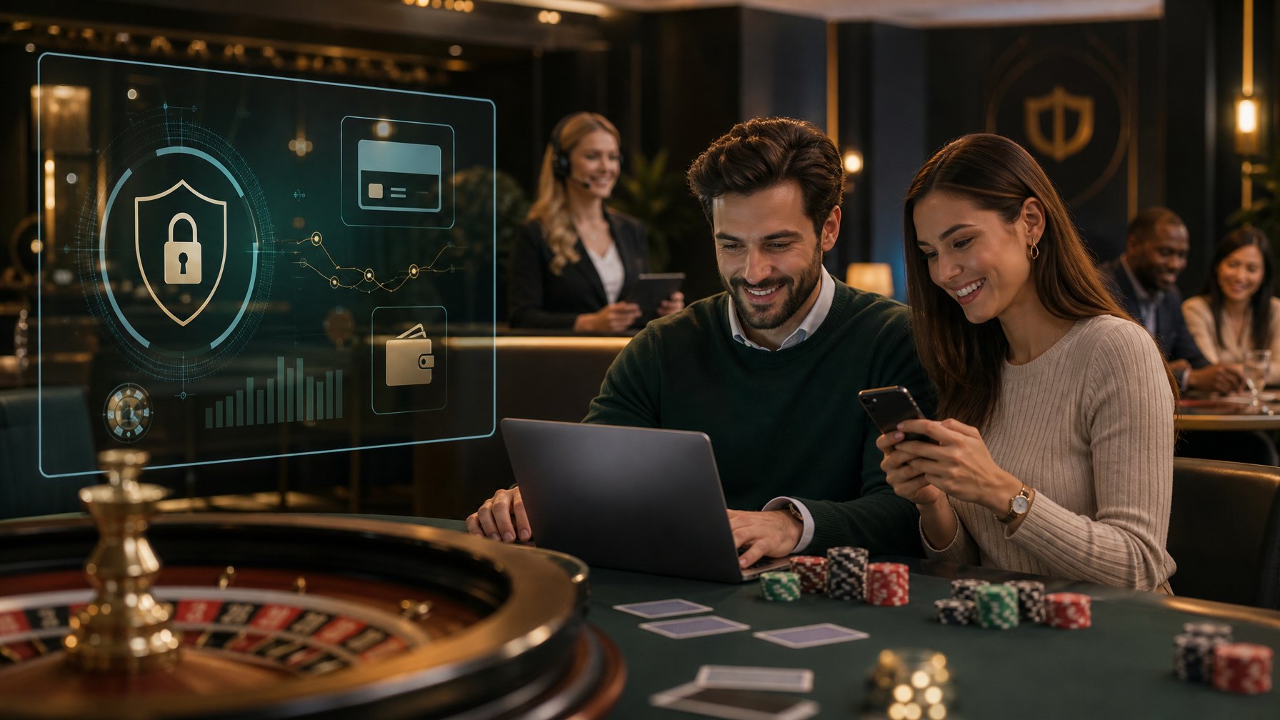 Suasana kasino modern dengan meja roulette, perangkat digital, dan orang dewasa yang menggunakan laptop serta ponsel.