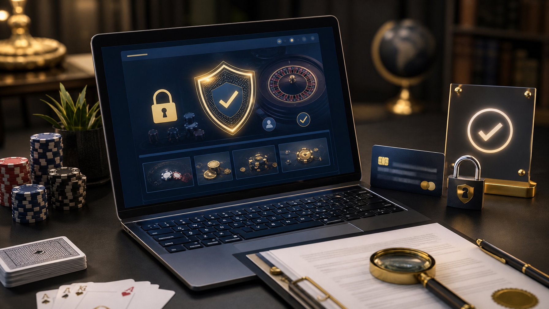 Laptop dengan simbol keamanan, kartu pembayaran, dokumen, kartu remi, dan keping poker di atas meja kerja modern.