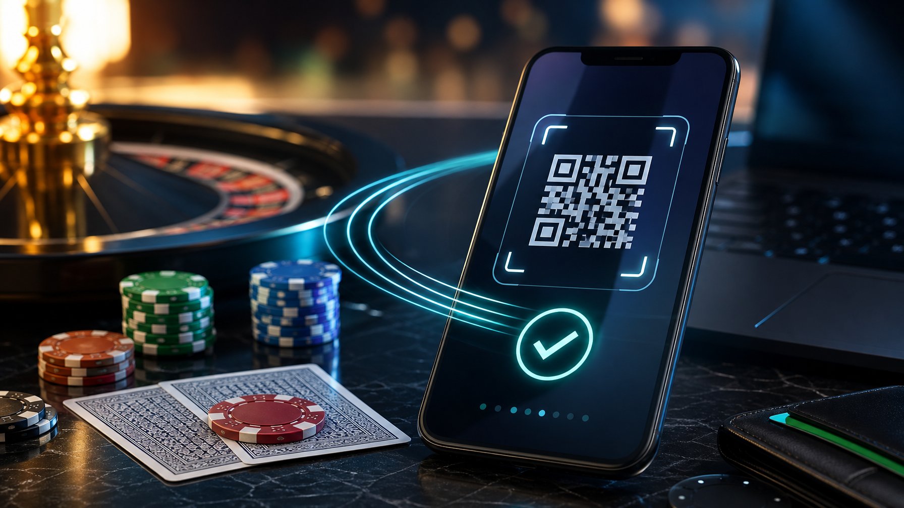 Ponsel menampilkan pembayaran QR di dekat perlengkapan kasino dengan latar belakang yang buram.