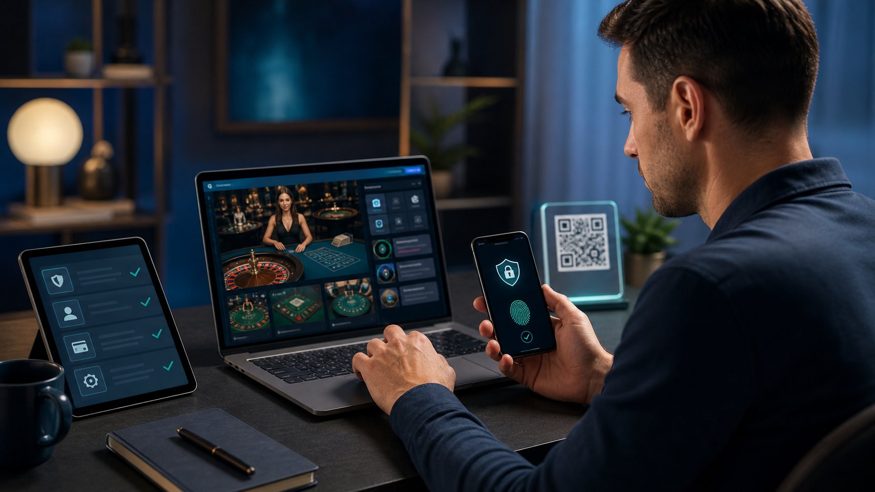 Orang dewasa membandingkan platform kasino digital dengan simbol keamanan dan pembayaran QR di meja kerja.
