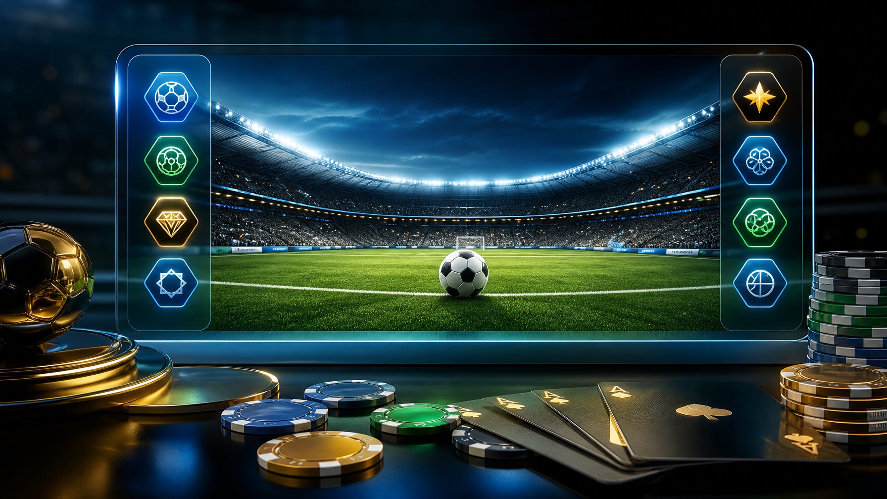 Stadion sepak bola modern dengan antarmuka digital dan elemen kasino elegan di latar depan.