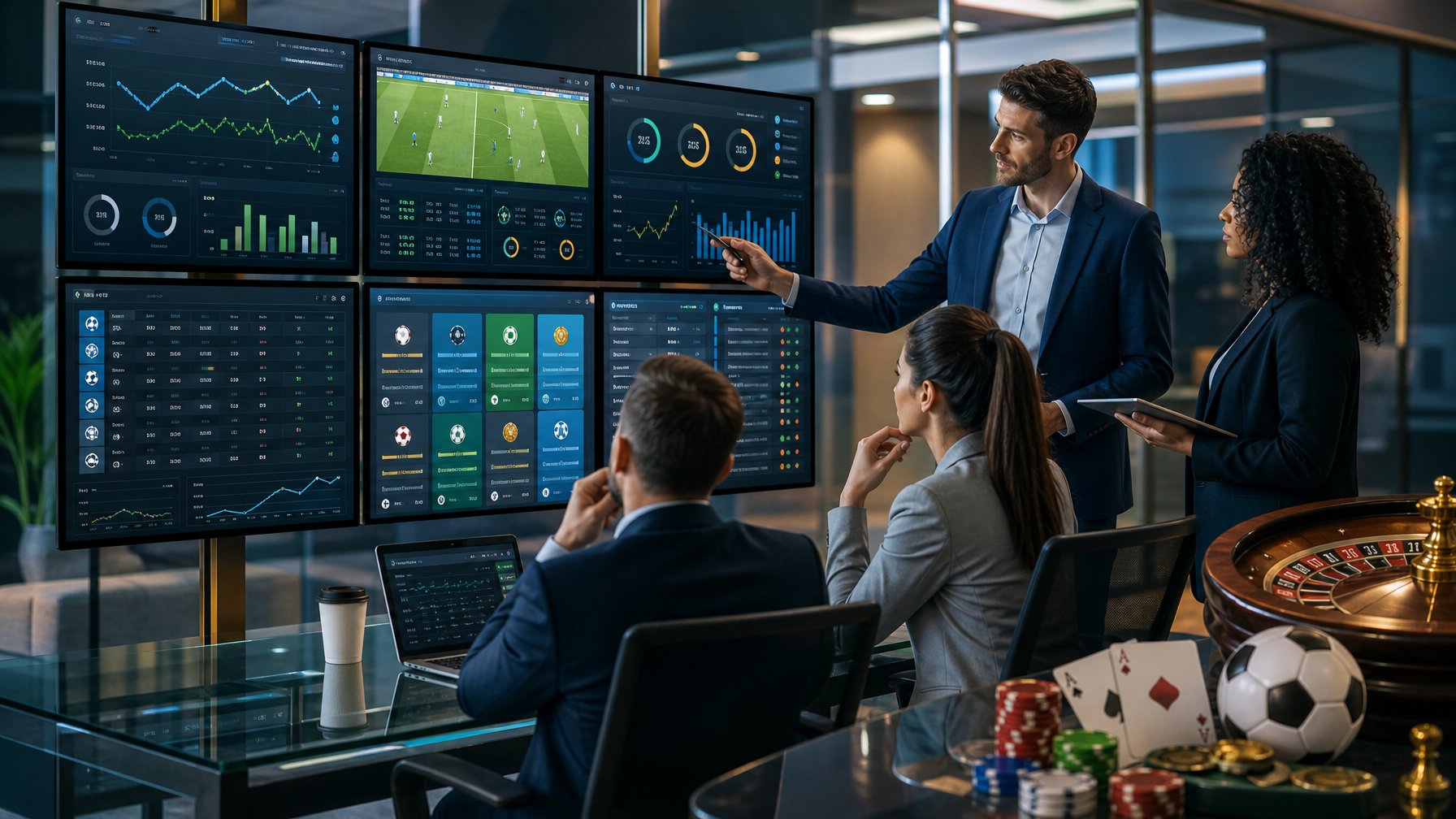 Analis dewasa membandingkan platform taruhan olahraga dan kasino melalui layar berisi grafik, statistik sepak bola, serta elemen permainan kasino.