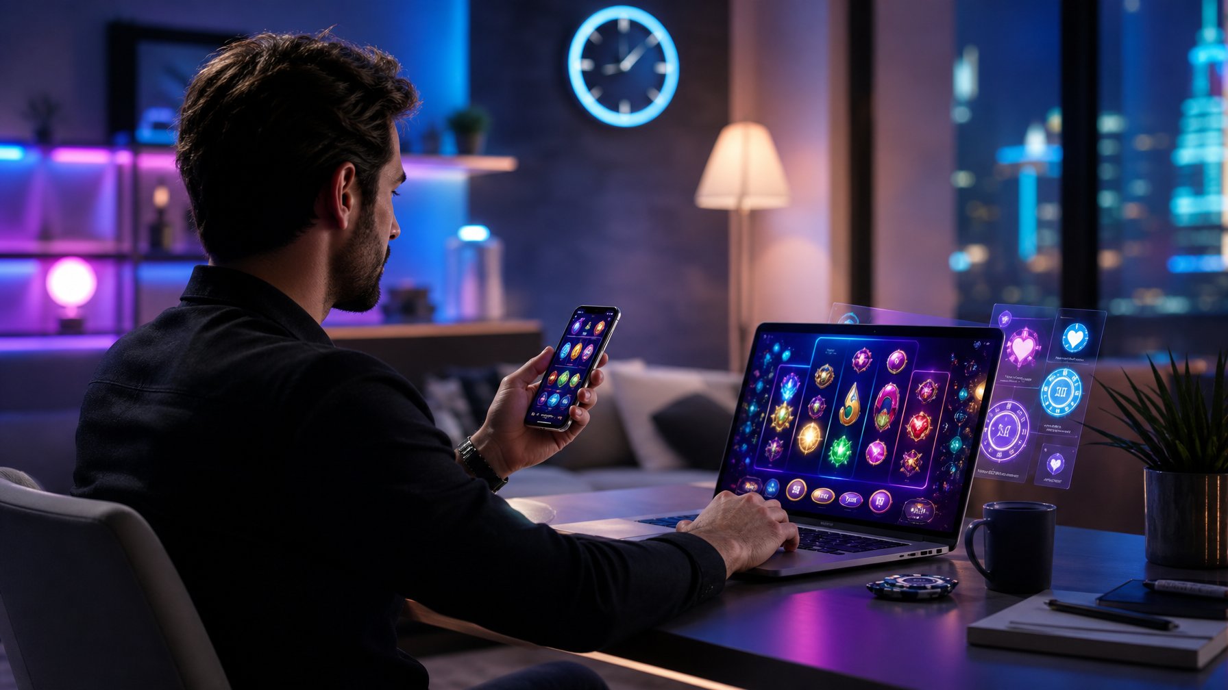 Seseorang menggunakan laptop dan ponsel untuk bermain gim kasino daring di ruangan modern dengan pencahayaan neon.