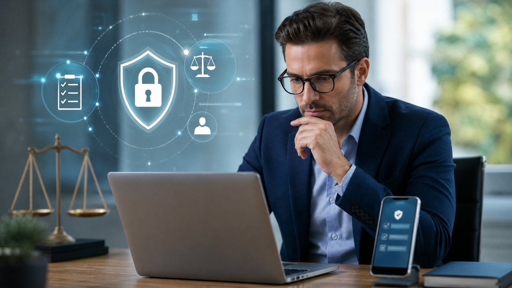 Seorang analis memeriksa keamanan dan legalitas platform digital menggunakan laptop dengan simbol perisai, gembok, dan timbangan hukum.