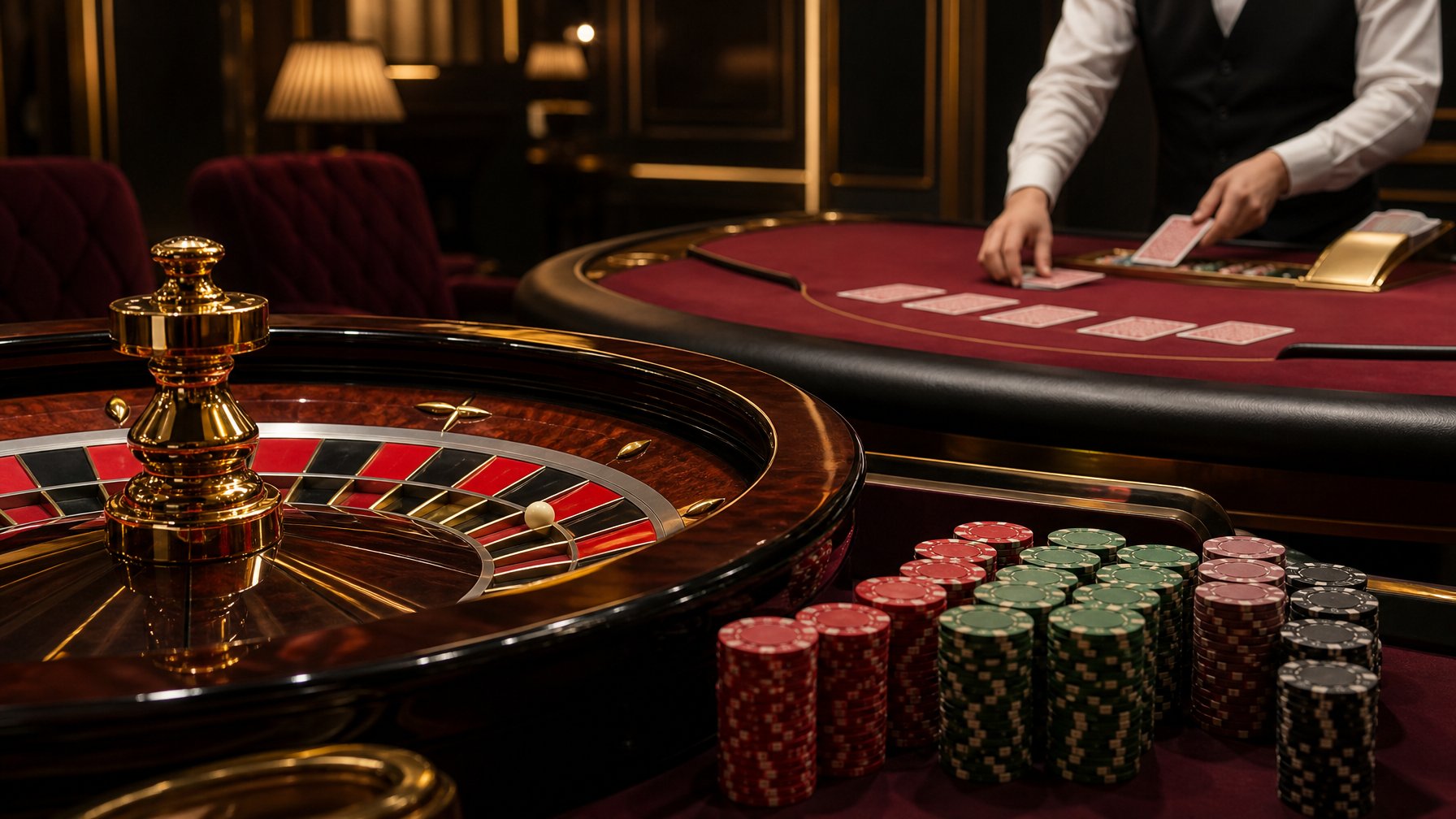Meja baccarat dan roda roulette dengan keping kasino di interior kasino yang elegan.
