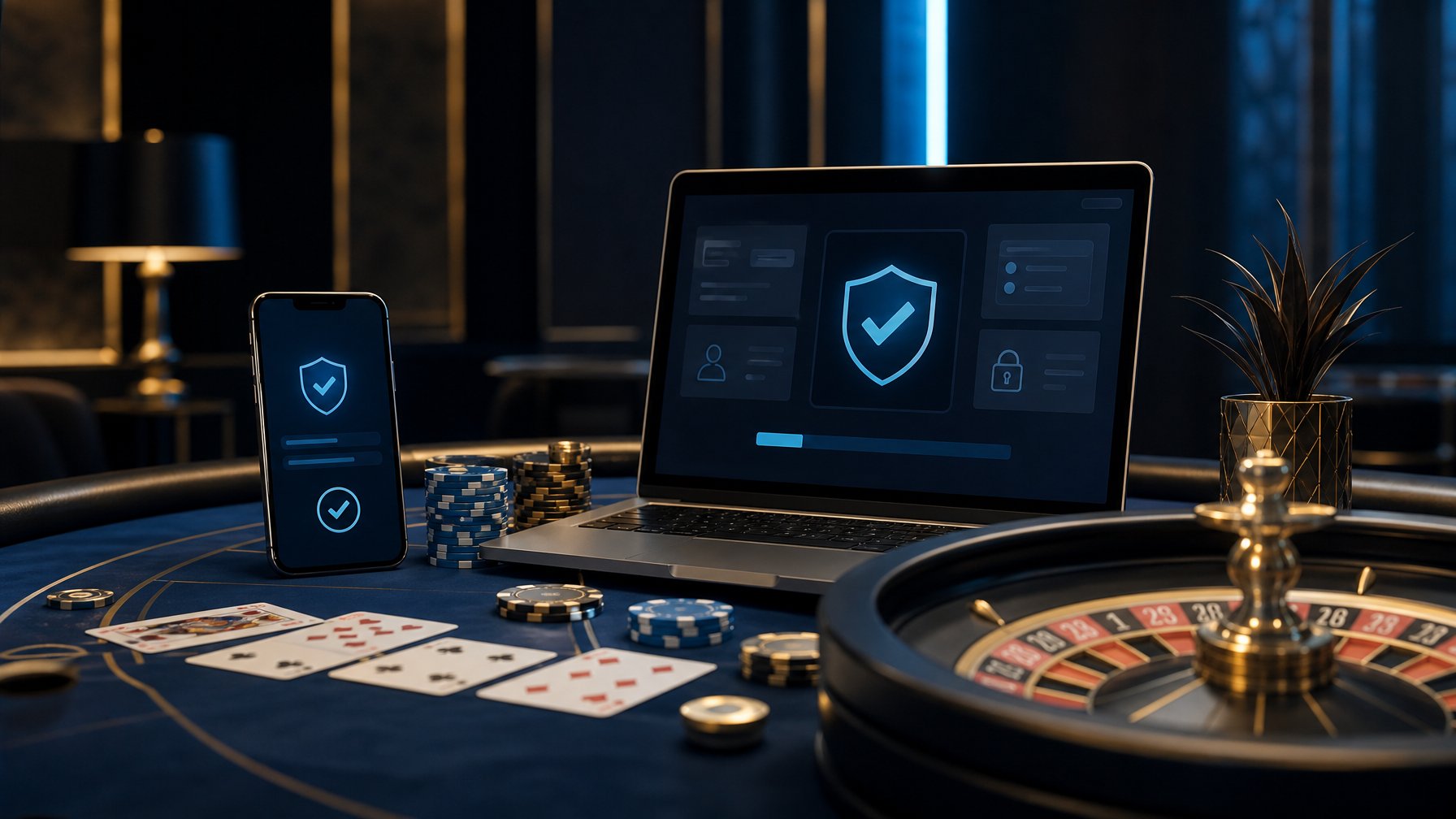 Meja baccarat dan roda roulette dengan laptop serta ponsel dalam suasana kasino modern.