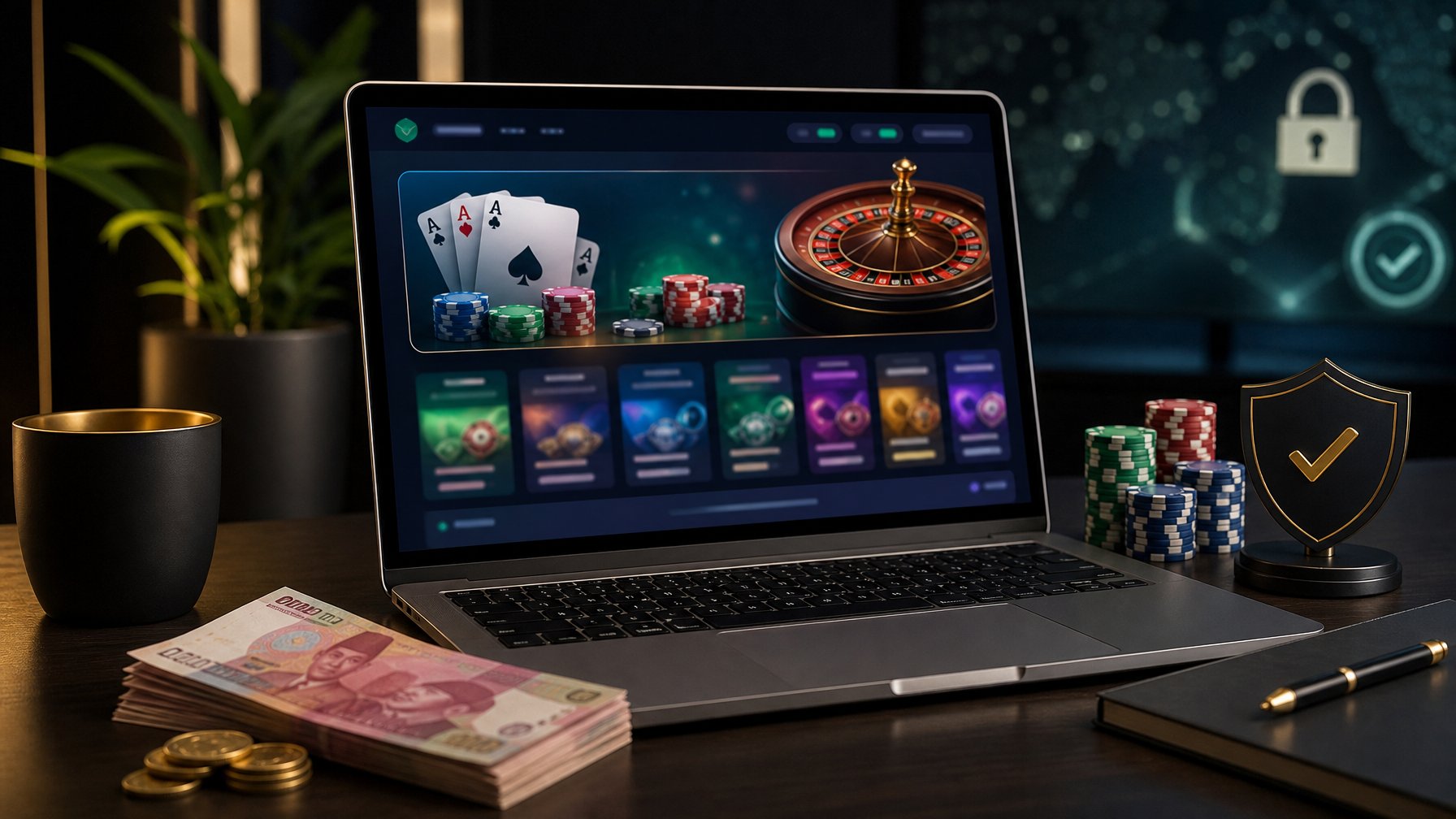 Laptop dengan elemen kasino digital, kartu, roda roulette, keping poker, simbol keamanan, serta uang rupiah dan koin di atas meja.