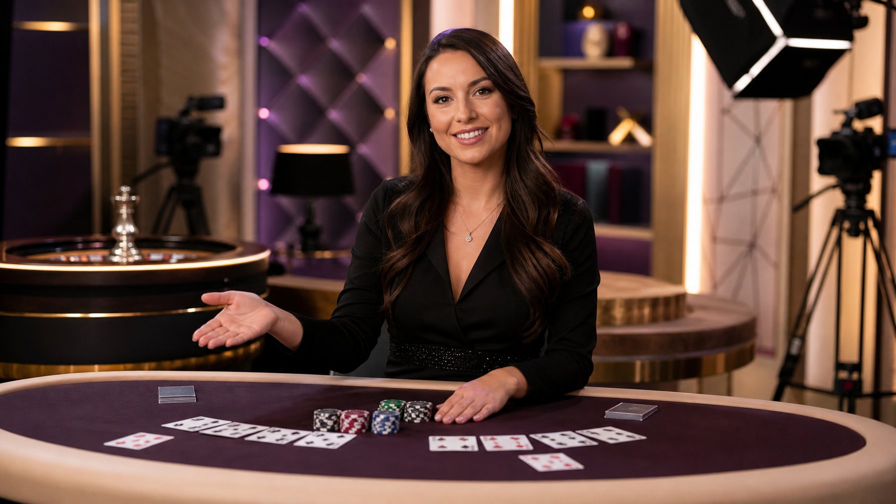 Dealer perempuan berdiri di belakang meja permainan kasino dalam studio modern.