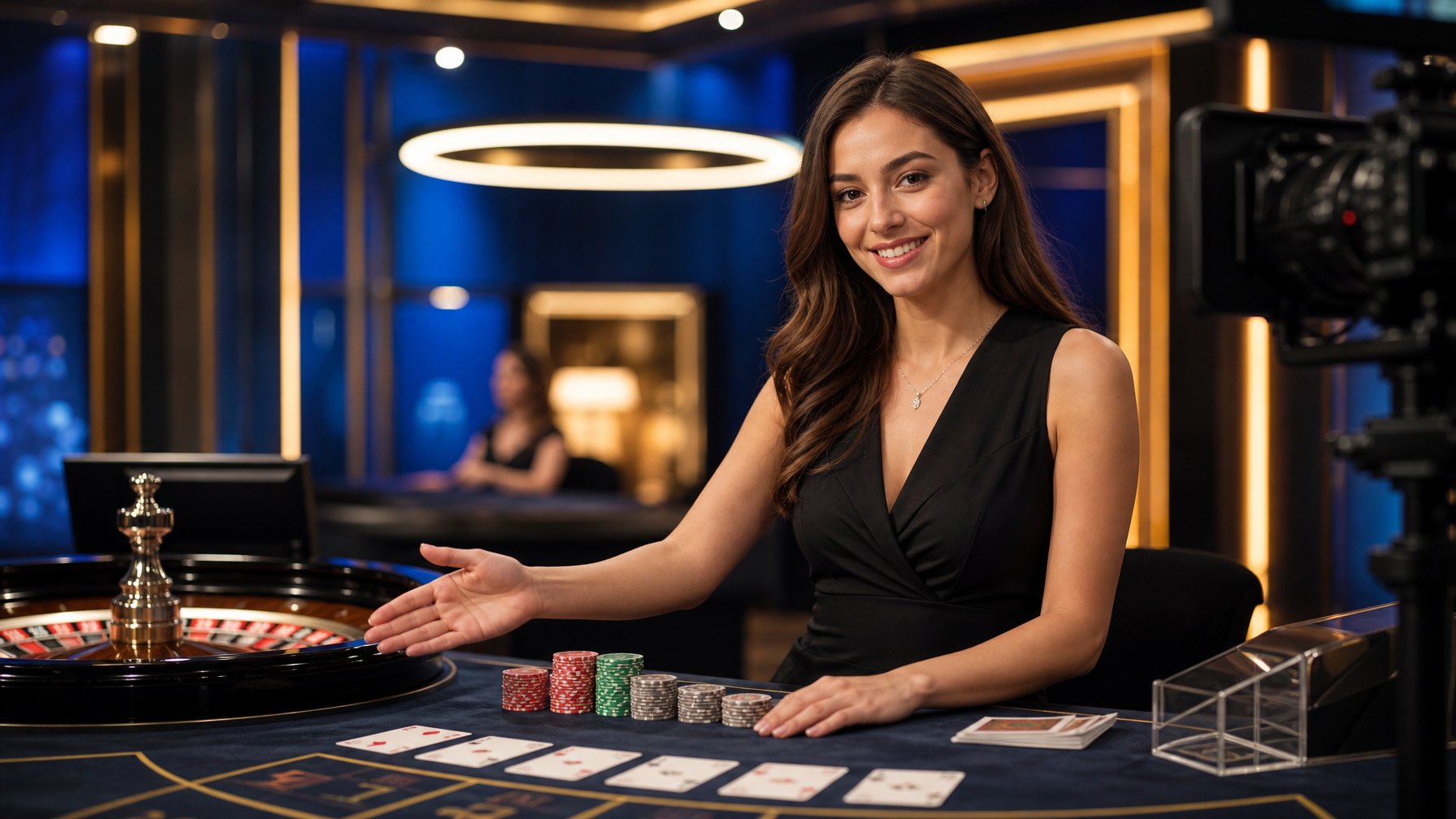 Dealer kasino wanita berinteraksi dengan kamera di meja roulette dalam studio kasino modern.