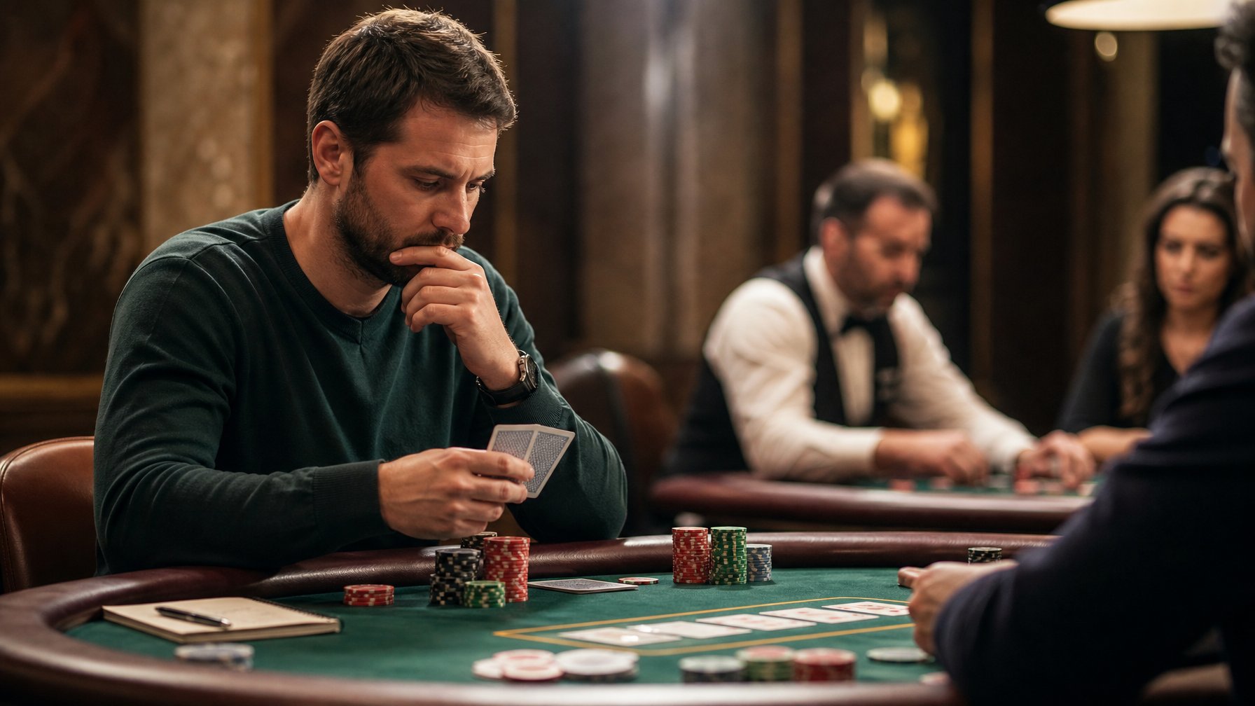 Pemain poker sedang menyusun kartu dan keping taruhan di meja kasino.