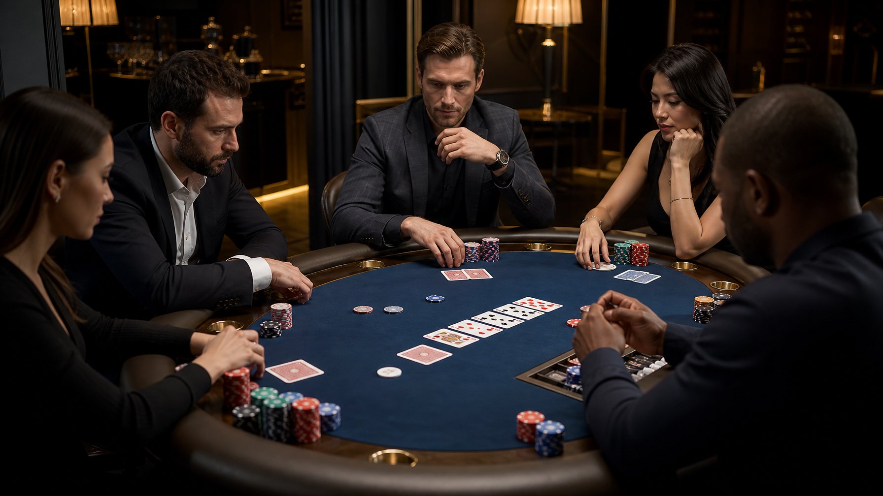 Pemain dewasa mengamati meja poker dengan kartu dan keping taruhan yang tertata rapi.