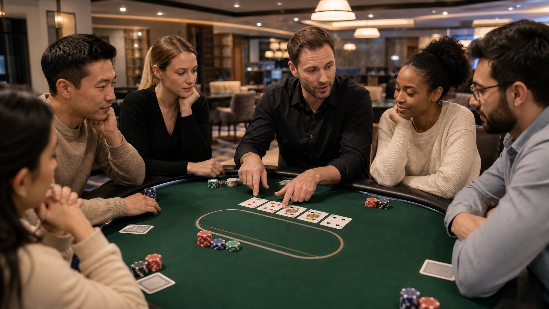 Sekelompok pemula belajar bermain poker di meja bersama seorang instruktur.