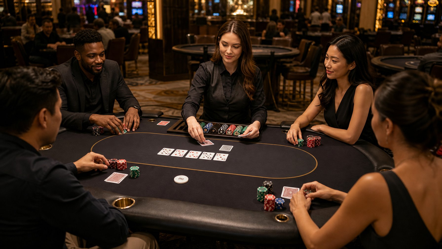 Dealer dan beberapa pemain dewasa duduk mengelilingi meja poker dengan kartu dan tumpukan keping taruhan.
