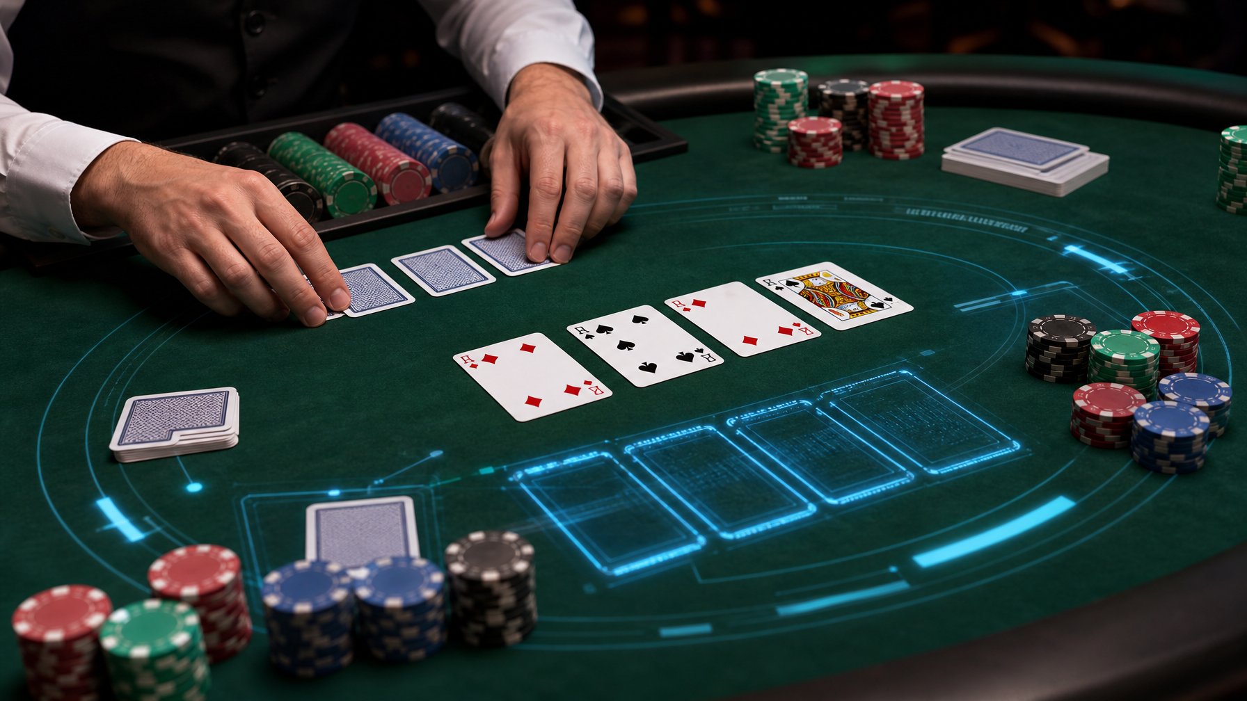 Meja poker dengan kartu terbuka, kartu tertutup, keping taruhan, dan tangan bandar yang sedang mengatur kartu.