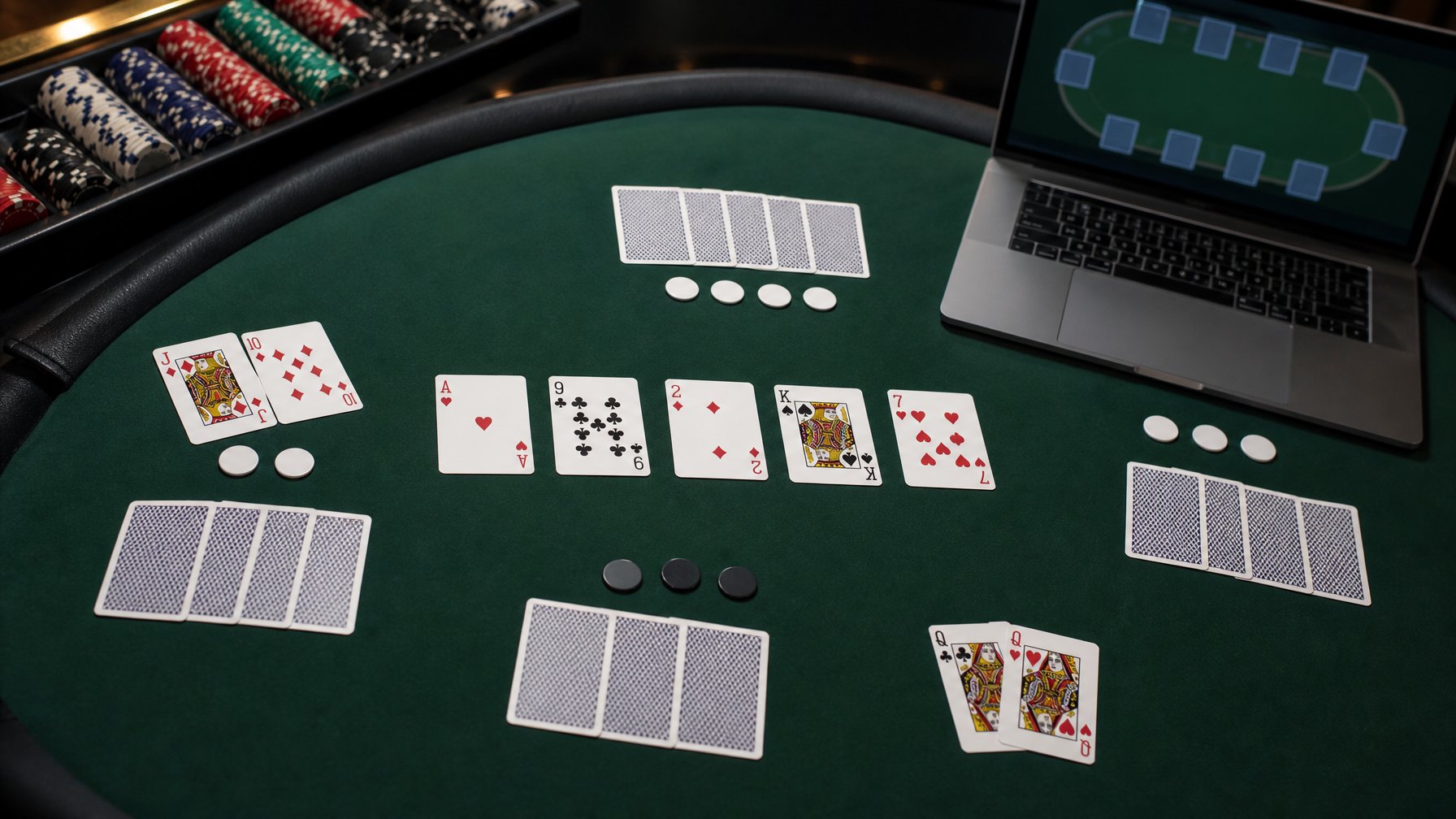 Kartu poker tersusun di atas meja dengan beberapa kartu terbuka dan kelompok kartu tertutup yang menggambarkan perhitungan kemungkinan kartu tersisa.