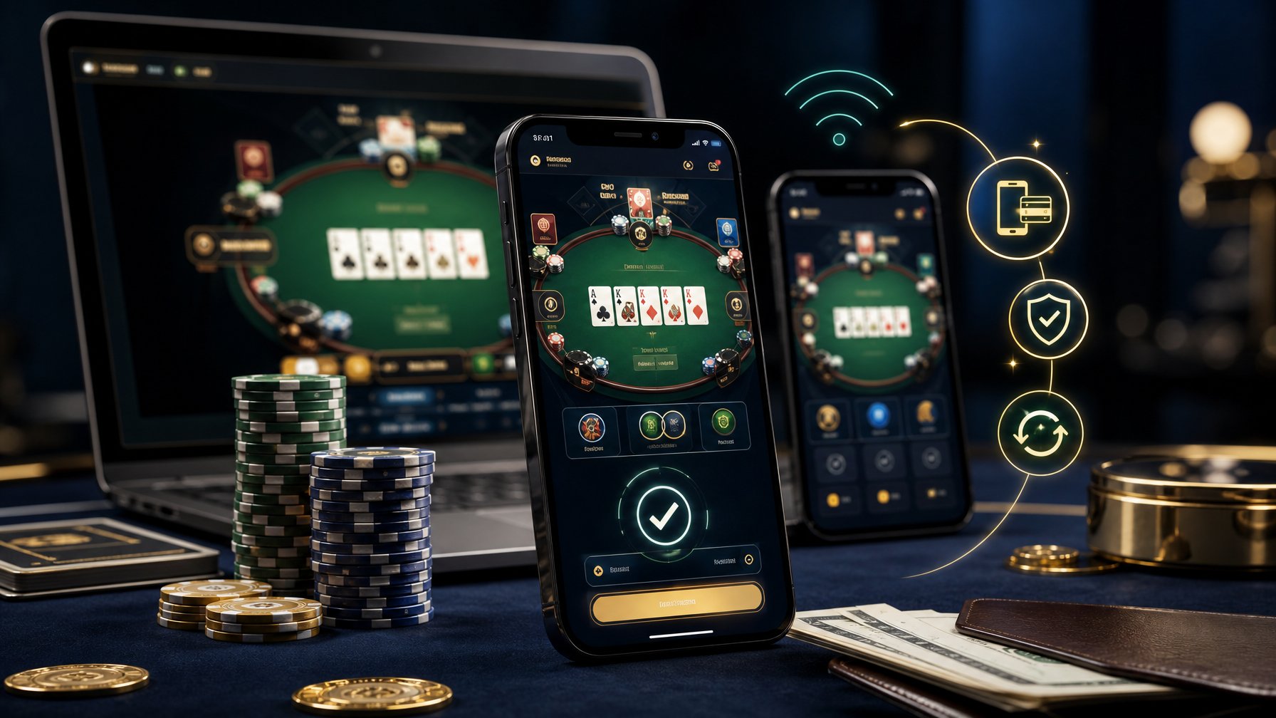 Ponsel dan laptop menampilkan permainan poker digital dengan kartu, chip, serta simbol pembayaran seluler.