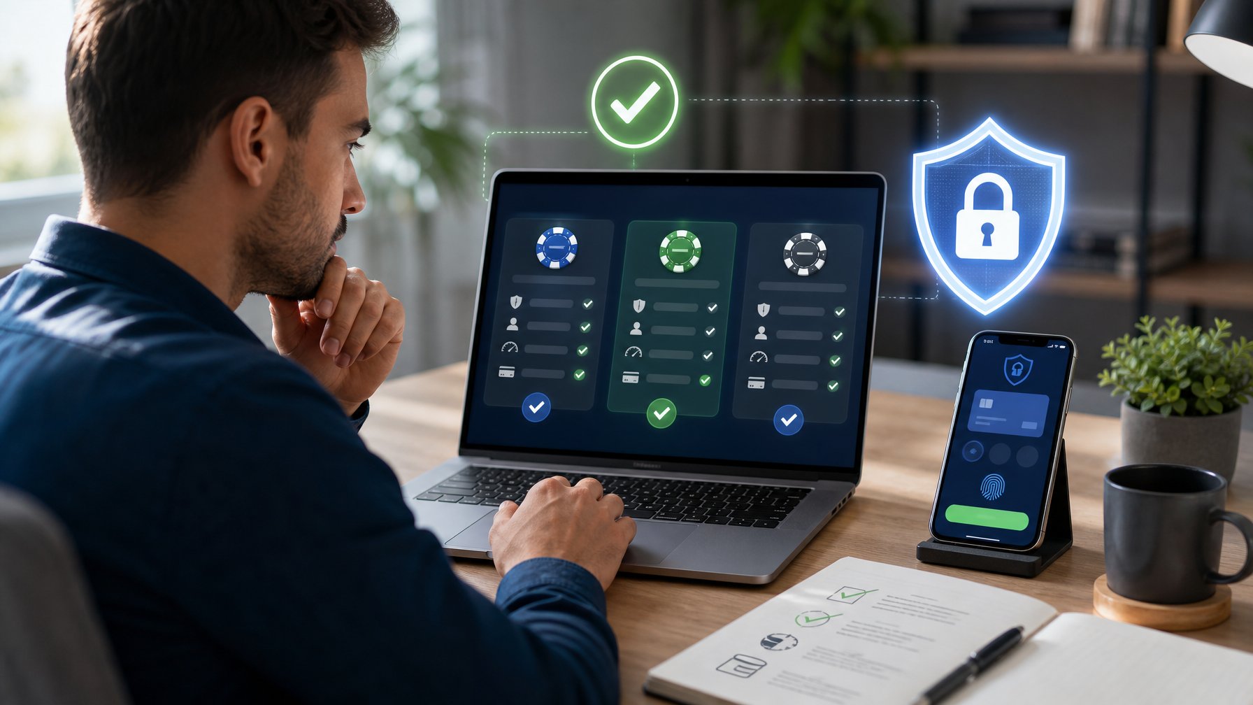 Seseorang membandingkan platform poker online di laptop dengan simbol keamanan dan ponsel di atas meja.