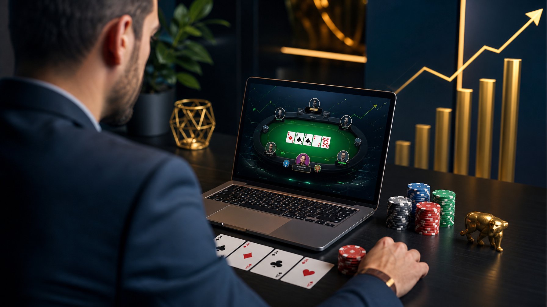 Meja modern dengan laptop, kartu poker, dan keping poker, serta seseorang yang sedang fokus bermain.