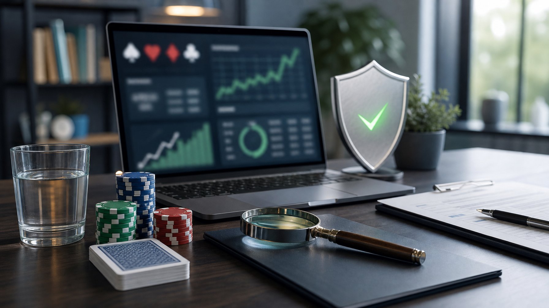 Meja kerja modern dengan laptop berisi grafik analitik buram, kartu poker, keping poker, dan simbol perisai keamanan.