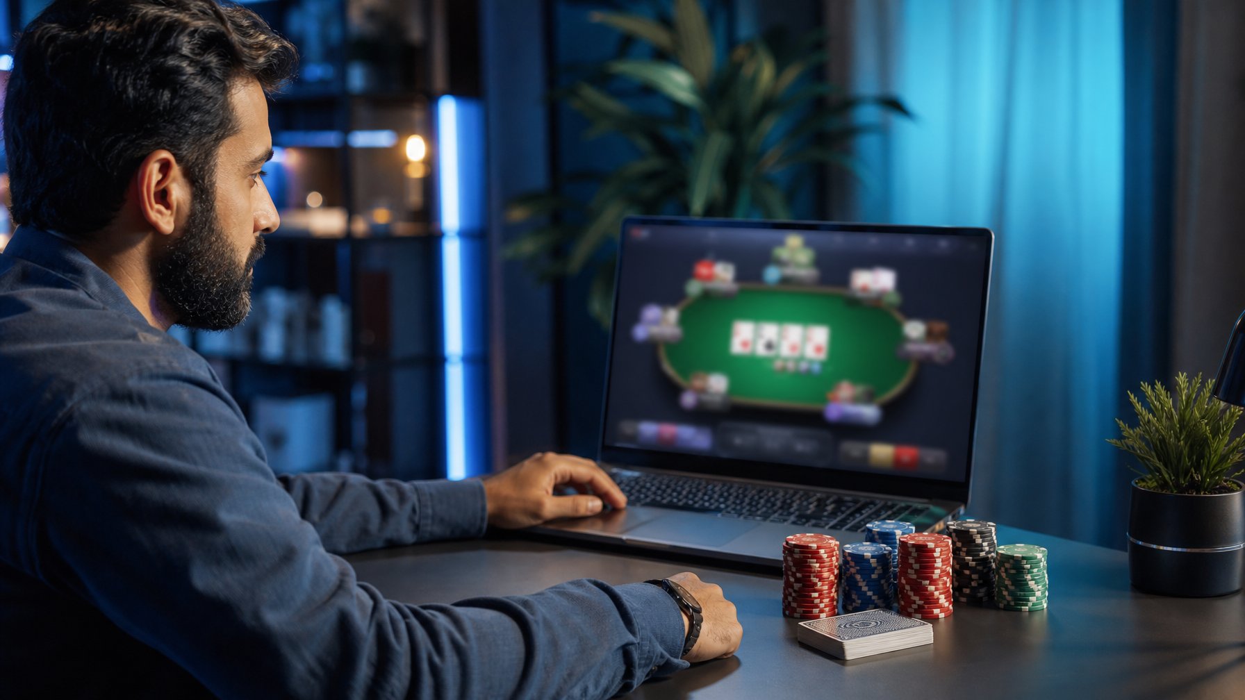 Orang dewasa bermain poker di depan laptop dengan kartu dan keping poker di atas meja.