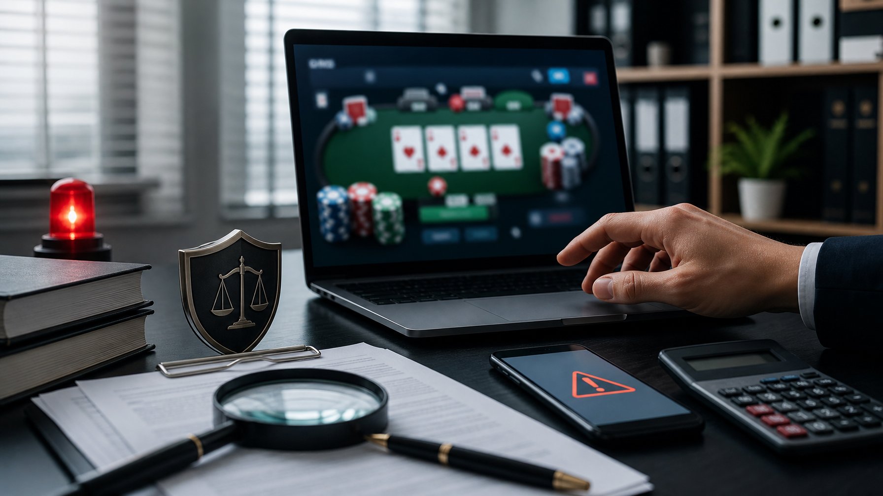 Laptop dengan tampilan poker daring yang diburamkan, dokumen hukum, kalkulator, dan simbol peringatan di meja kerja.