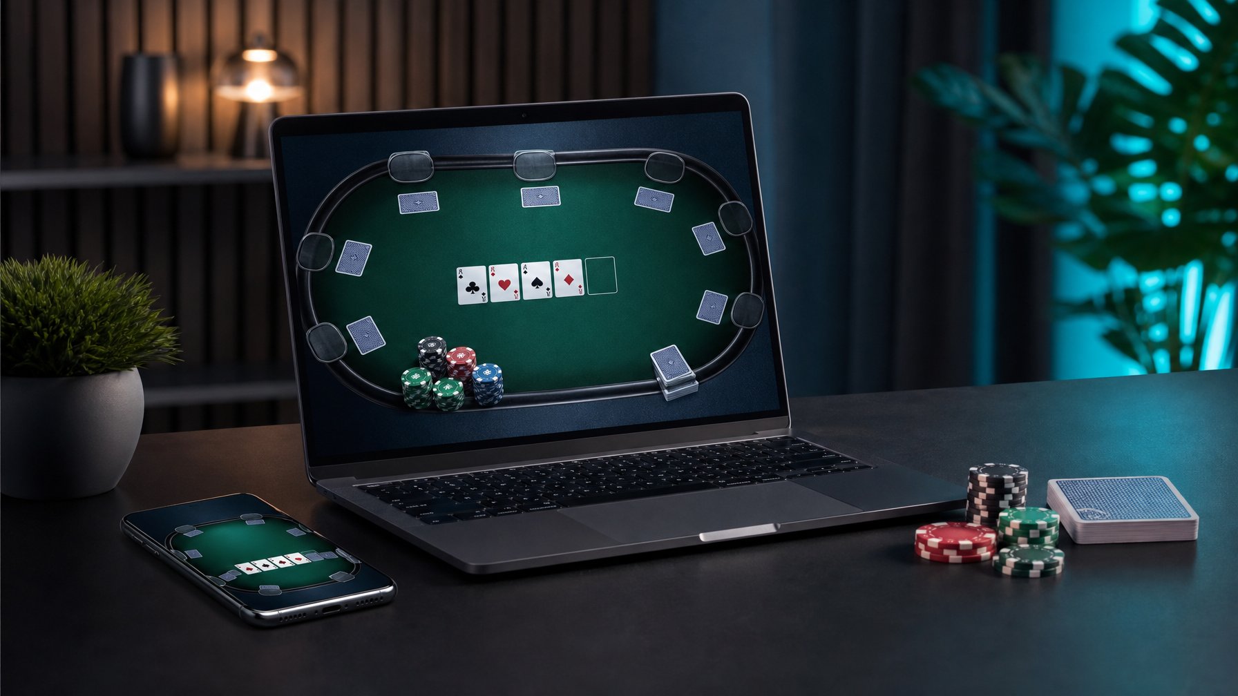 Laptop dan ponsel menampilkan meja poker digital dengan kartu dan keping poker di ruangan modern.