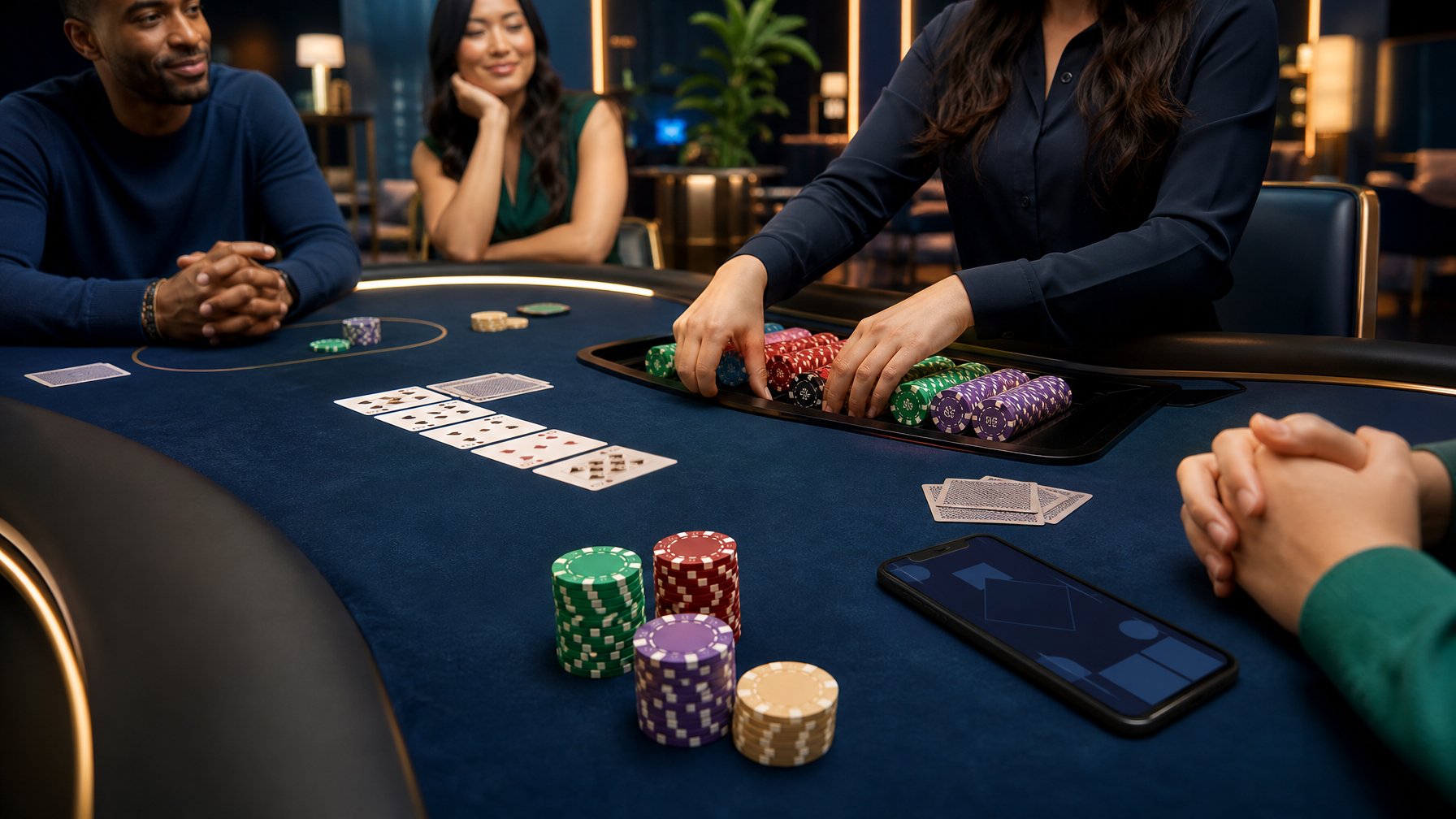 Meja poker modern dengan kartu, keping taruhan, dan ponsel di ruang permainan yang elegan.