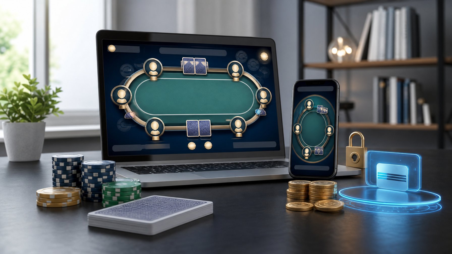 Laptop dan ponsel dengan kartu poker, keping poker, serta elemen pembayaran di atas meja kerja modern.