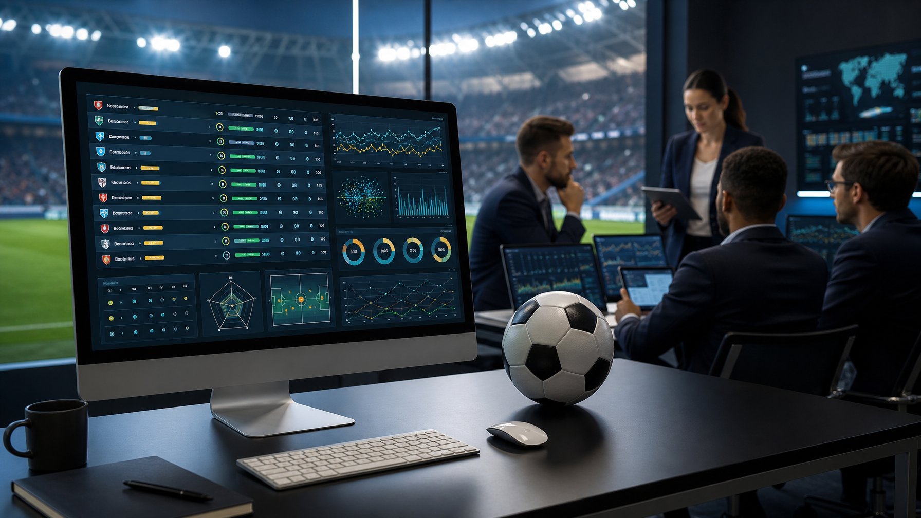 Tim analis dewasa memeriksa data pertandingan sepak bola di ruang kerja modern dengan bola di meja dan stadion terlihat di latar belakang.